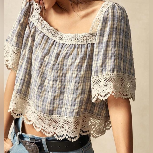 Plaid Lace Trim Women Top XL - Picture 4 of 7